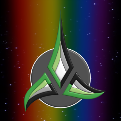 A Klingon emblem in aromantic pride colours.